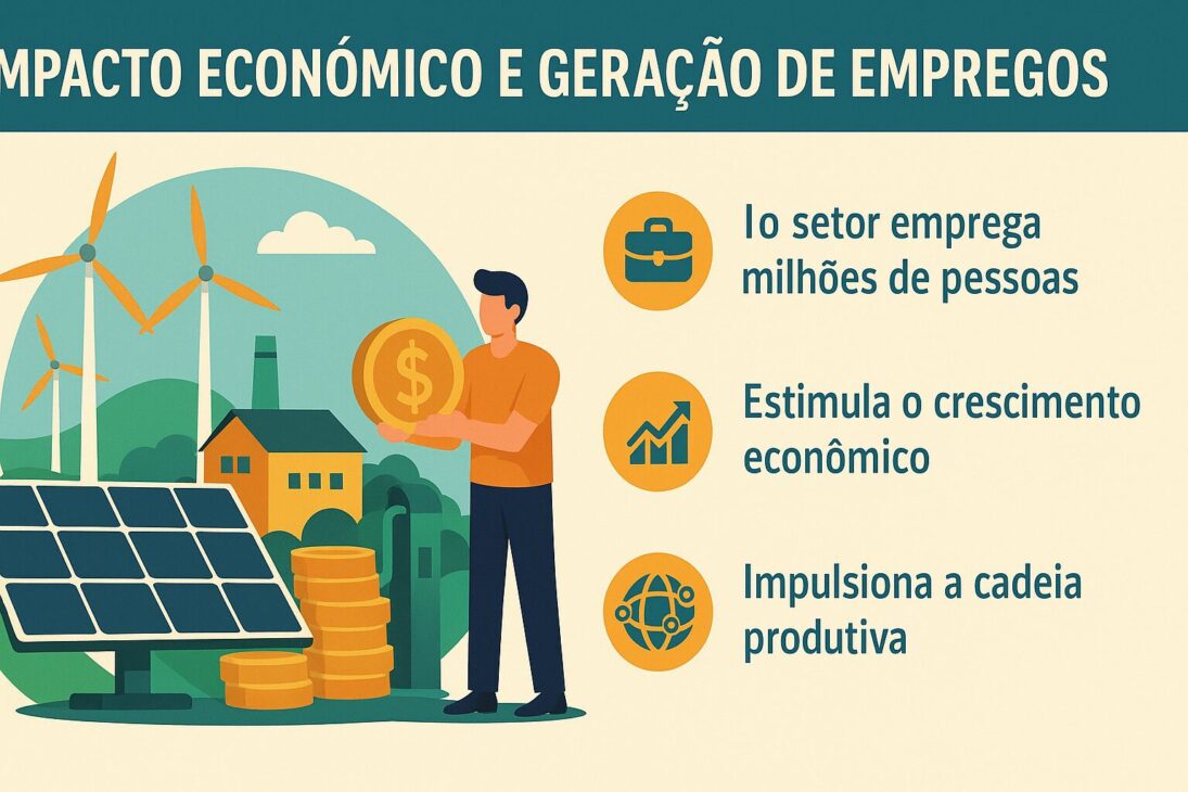 Infográfico ilustrando el impacto económico de la energía renovable, con íconos de empleo, crecimiento económico y cadena productiva al lado de paneles solares, turbinas eólicas y pilas de monedas.