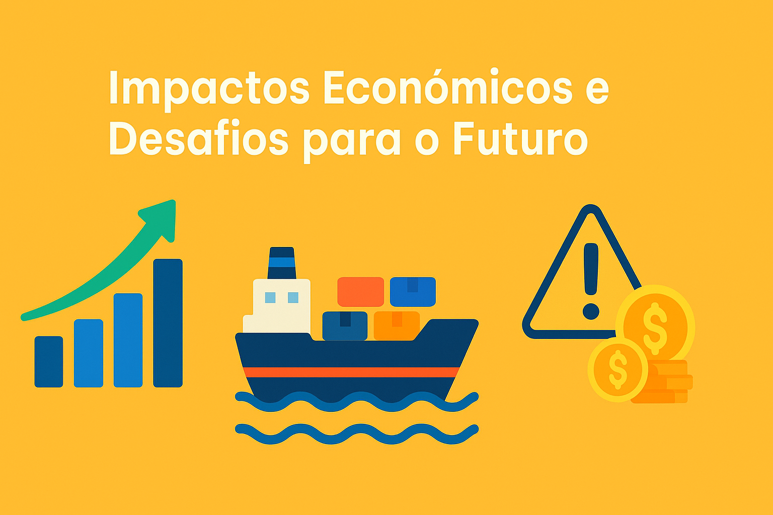 Infográfico colorido con gráfico de crecimiento, barco de carga y símbolo de alerta con monedas, representando los impactos económicos y desafíos futuros de la industria naval.