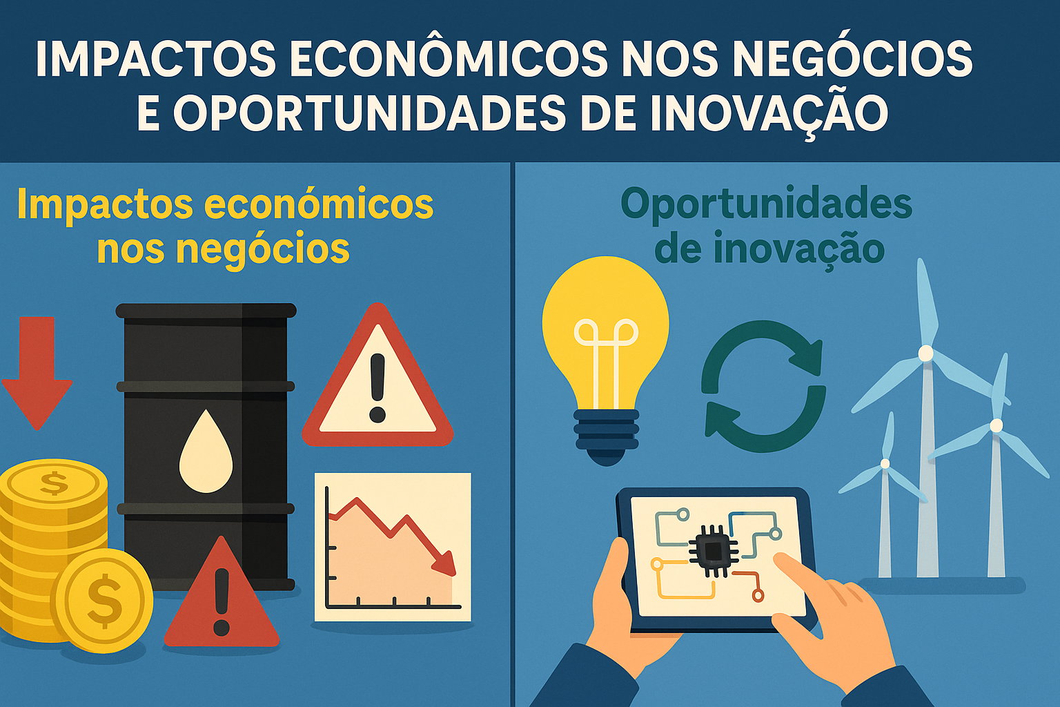 Infografía dividida en dos lados: a la izquierda, símbolos de impacto económico como descenso de precios, barril de petróleo y gráficos negativos; a la derecha, íconos de innovación como bombilla, turbinas eólicas y tecnología.