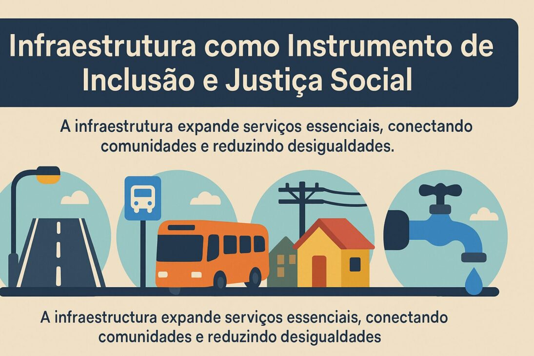 Infográfico con íconos representando carretera, transporte público, vivienda y acceso al agua, destacando la infraestructura como medio de inclusión y justicia social.