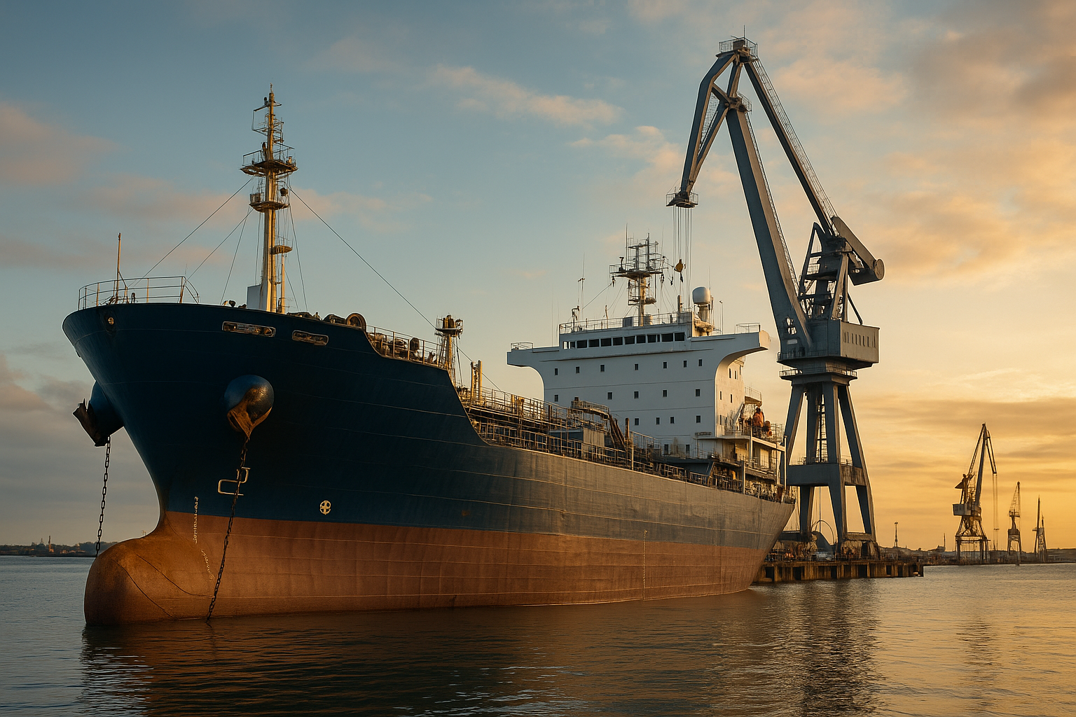 Navio cargueiro atracado em estaleiro com guindaste ao pôr do sol, representando a inovação da indústria naval.