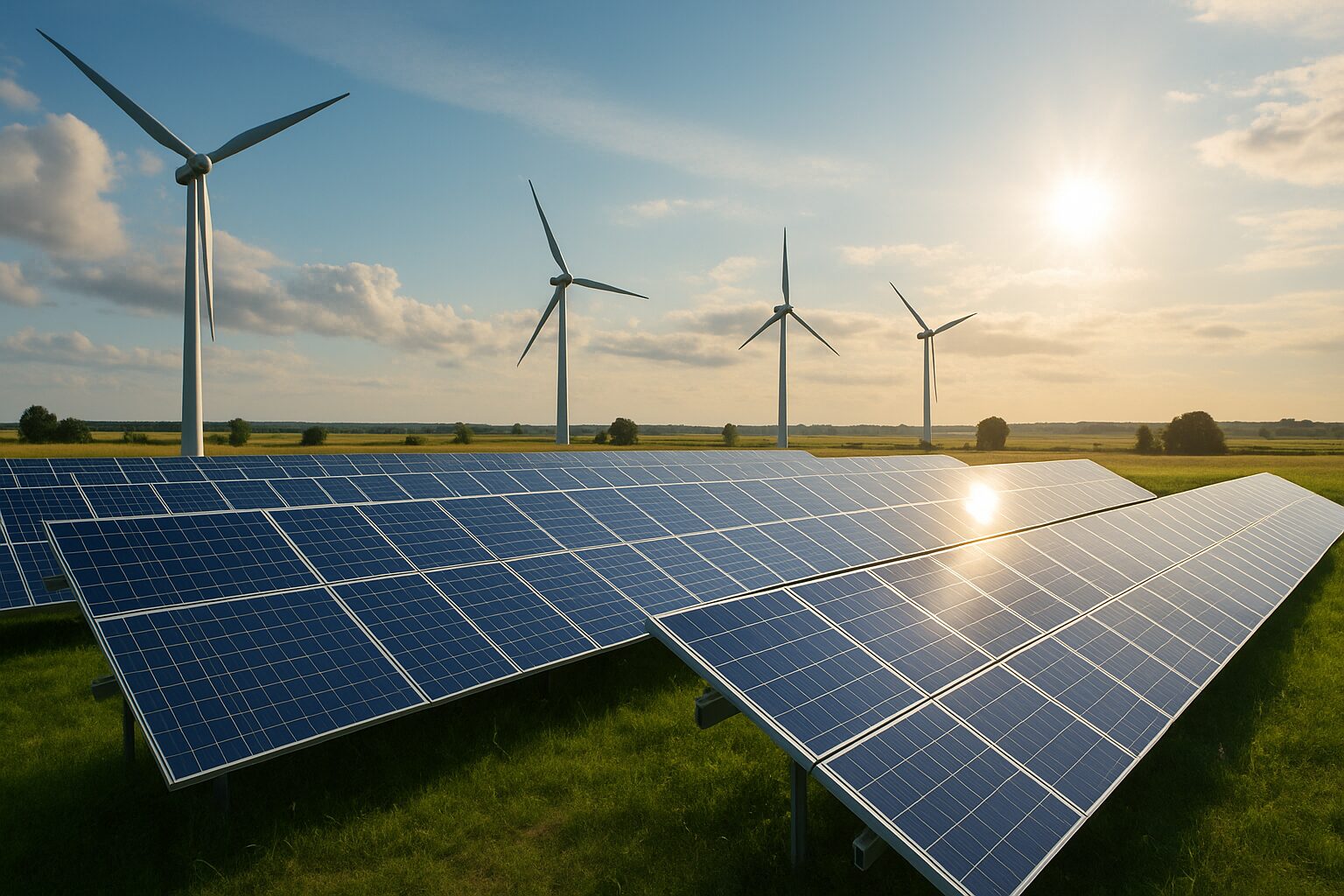 Painéis solares e turbinas eólicas captam energia renovável ao pôr do sol em um campo aberto.