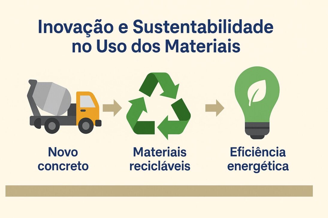 Infografía colorida y ilustrativa sobre innovación y sostenibilidad en el uso de los materiales de infraestructura, con íconos representando tecnologías ecológicas y soluciones sostenibles en un diseño horizontal.