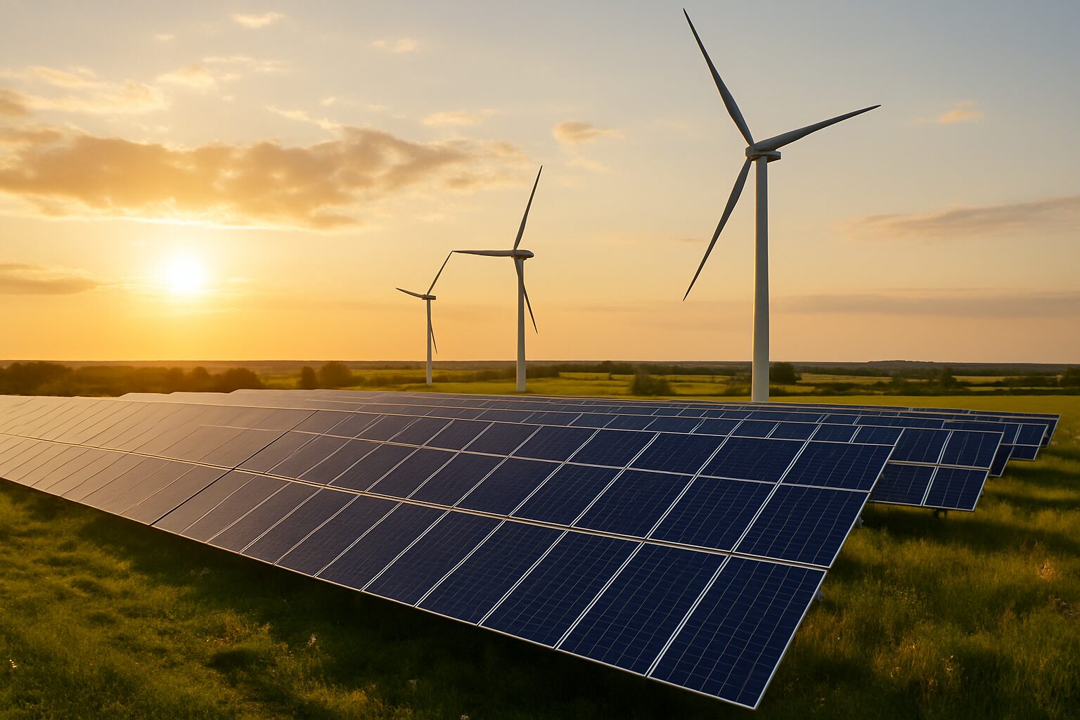 Painéis solares e turbinas eólicas em um campo ao pôr do sol, representando investimentos em energia renovável.