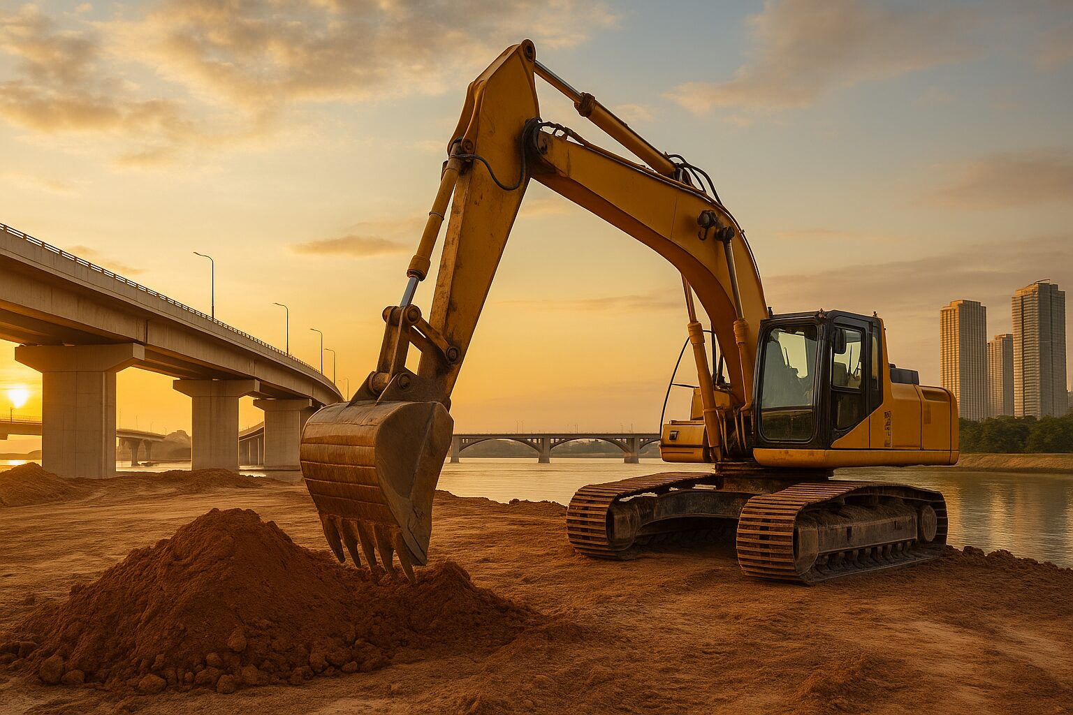 Escavadeira amarela em canteiro de obras ao pôr do sol com ponte e arranha-céus ao fundo.