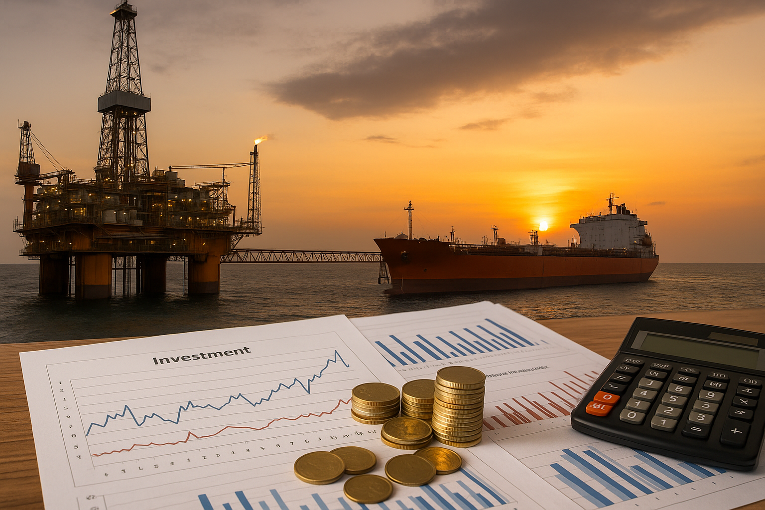 Plataforma de petróleo e navio petroleiro ao entardecer com gráficos de investimento e moedas em primeiro plano.