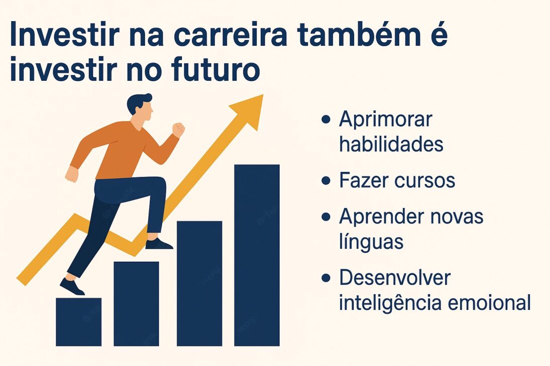 Infográfico con íconos y flechas que ilustran cómo invertir en la carrera contribuye al crecimiento profesional y financiero.