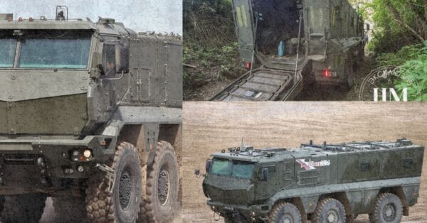 KamAZ Typhoon blindado russo 6x6 visto de frente, lateral e interior