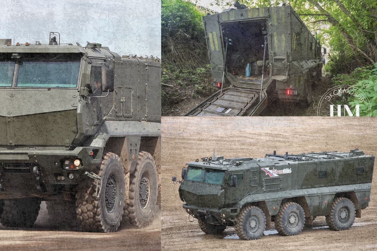 KamAZ Typhoon blindado russo 6x6 visto de frente, lateral e interior