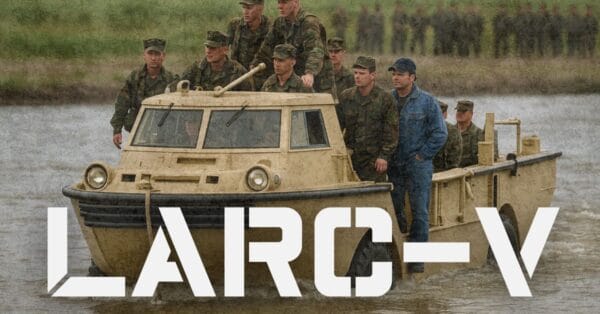 LARC-V beige lotado de soldados camuflados cruza um rio turvo, destacando pneus semisubmersos e cabine angular sob céu nublado.