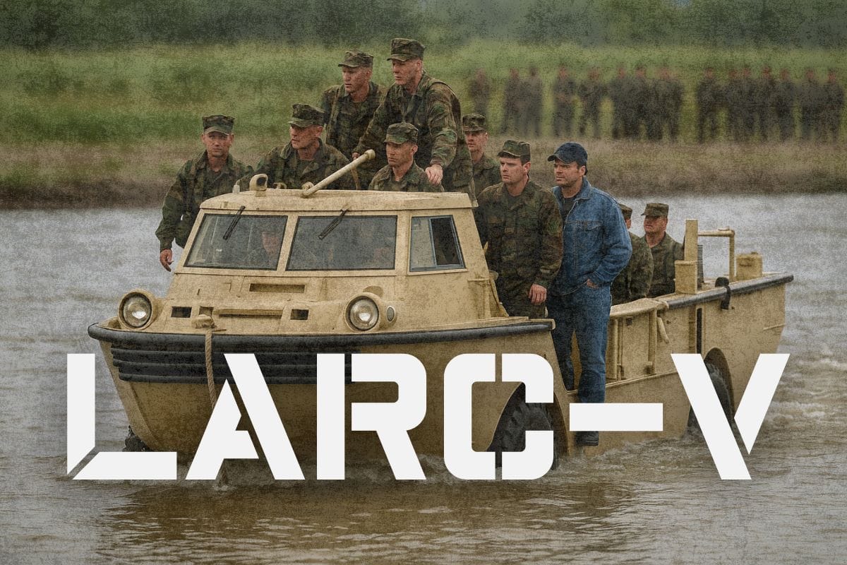 LARC-V beige lotado de soldados camuflados cruza um rio turvo, destacando pneus semisubmersos e cabine angular sob céu nublado.