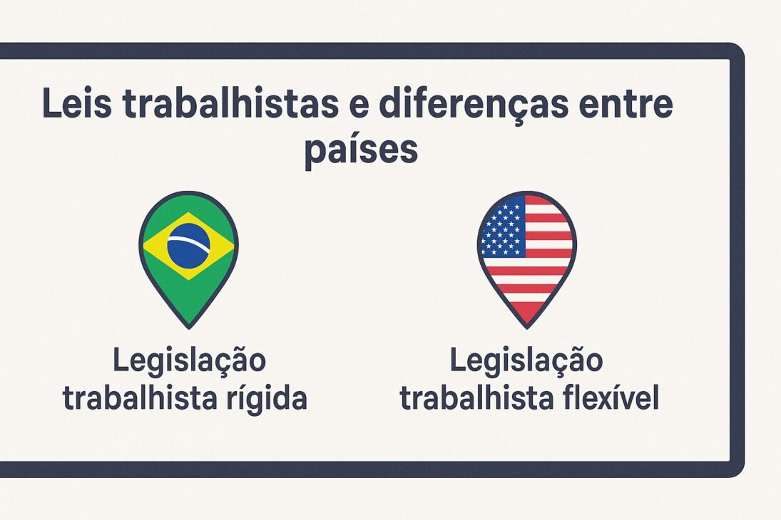 Infografía comparando las legislaciones laborales de Brasil y Estados Unidos, con íconos de localización representando la bandera de cada país. Brasil es descrito como teniendo legislación laboral rígida y los EE. UU., legislación laboral flexible.