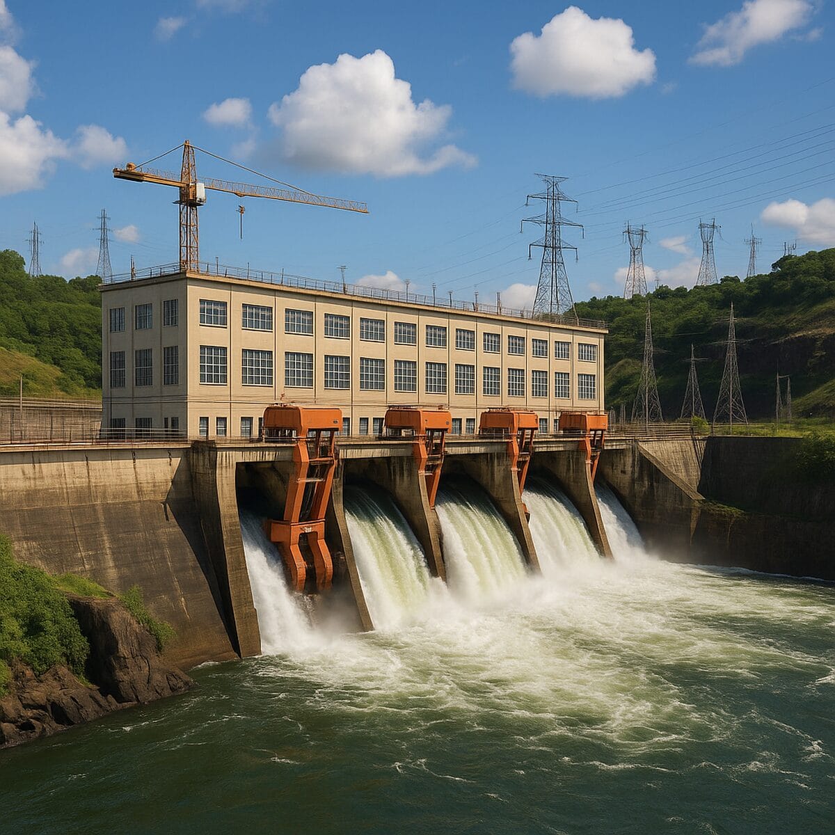 Usina hidrelétrica com grande vazão de água em barragem, estrutura de geração de energia e torres de transmissão ao fundo