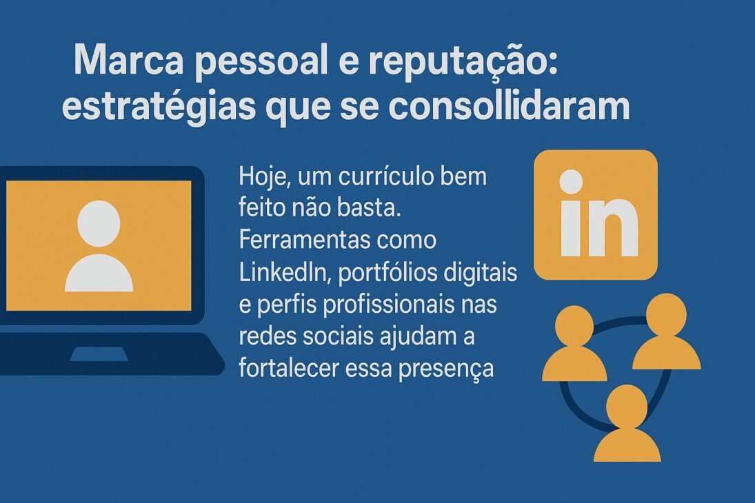 Infográfico en español sobre estrategias de marca personal y reputación, con íconos de laptop, LinkedIn y red de contactos, destacando la importancia de perfiles profesionales online.