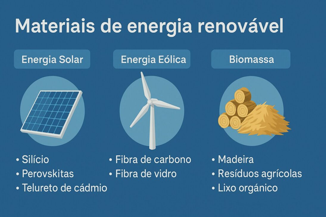 Infográfico ilustrando los materiales utilizados en tres fuentes de energía renovable: solar, eólica y biomasa.