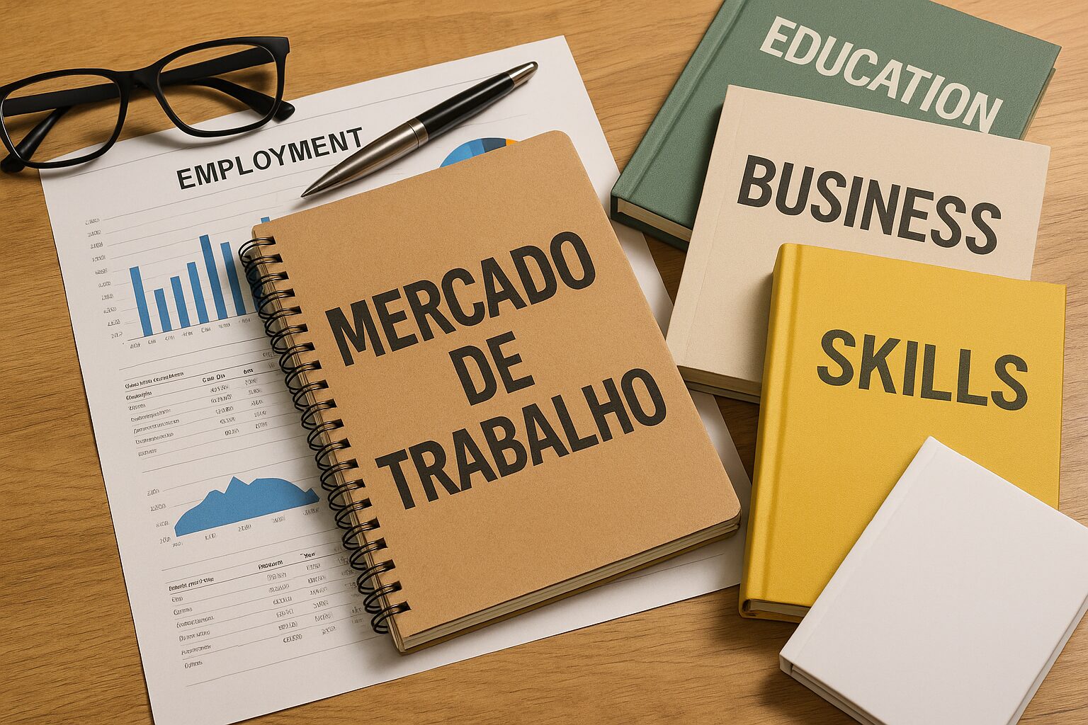 Cena realista com materiais diversos relacionados ao mercado de trabalho, incluindo livros, notebook, capacete de segurança e ferramentas sobre uma mesa.