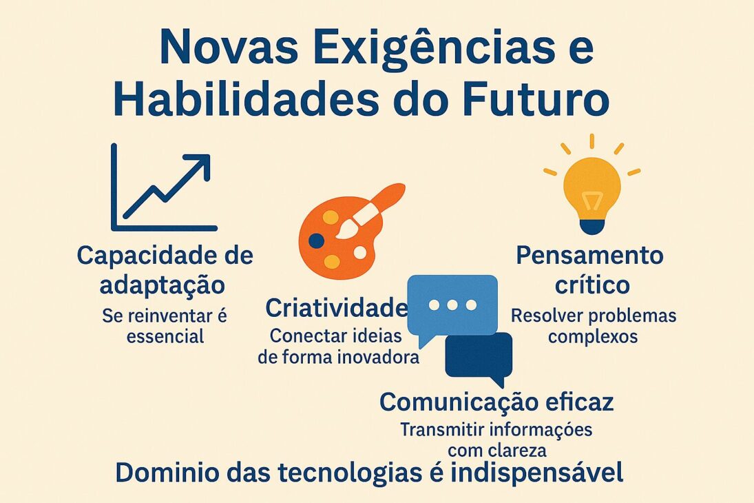 Infográfico ilustrando as novas exigências e habilidades profissionais do futuro, com ícones representando criatividade, pensamento crítico, comunicação, tecnologia, entre outros.