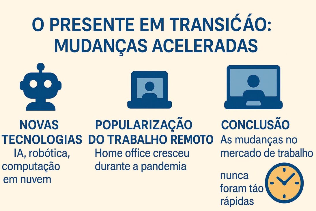 Infografía ilustrando los principales cambios acelerados en el mercado laboral actual, incluyendo tecnología, trabajo remoto y valorización de soft skills.