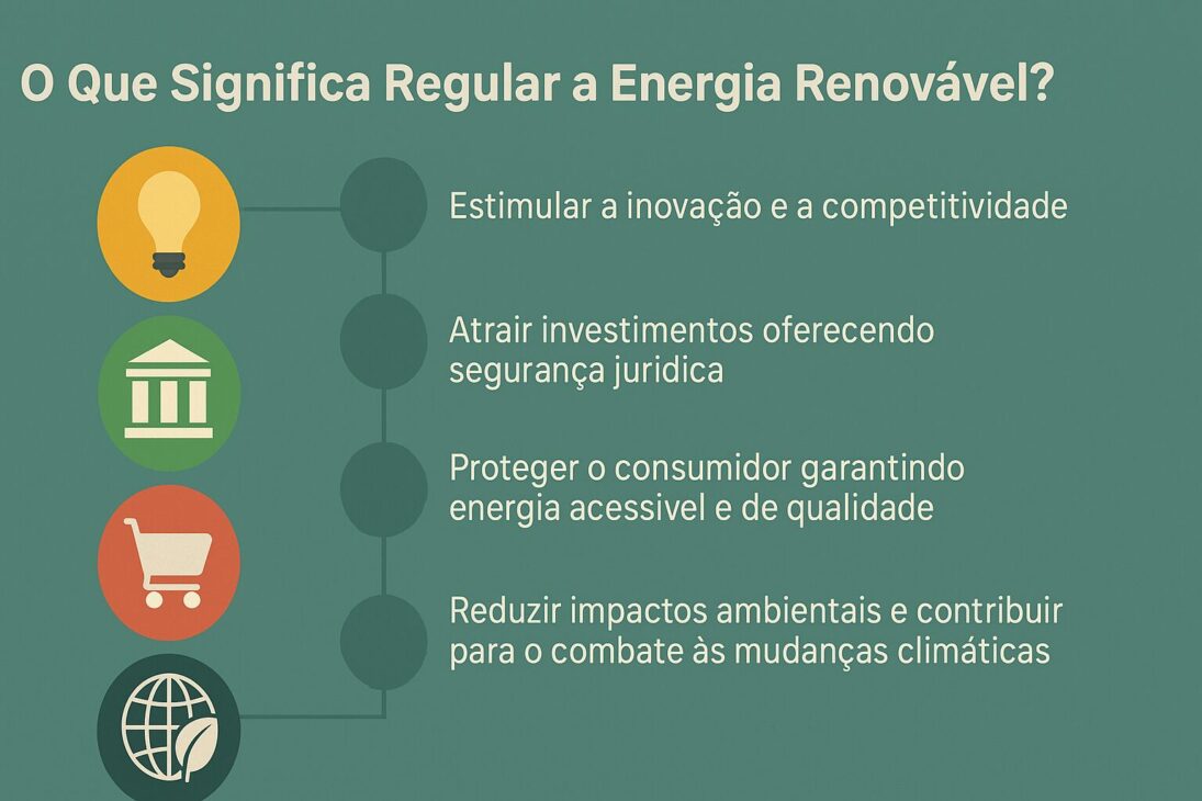 Infográfico destacando los objetivos de la regulación de energía renovable con íconos y frases explicativas.