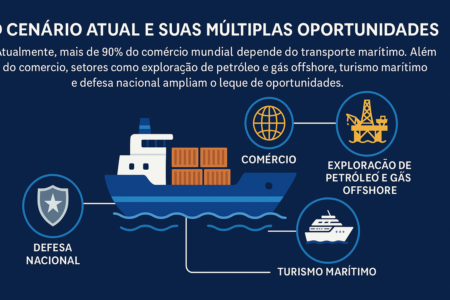 Infografía sobre el escenario actual y oportunidades de la industria naval, con ilustraciones de barco mercante, comercio, petróleo offshore, turismo marítimo y defensa nacional.