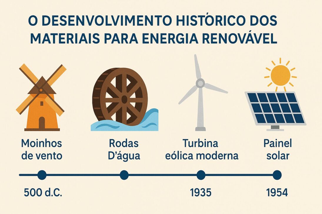 Línea de tiempo ilustrada con los principales hitos históricos de los materiales de energía renovable, incluidos molinos de viento, ruedas de agua, turbinas eólicas y paneles solares.