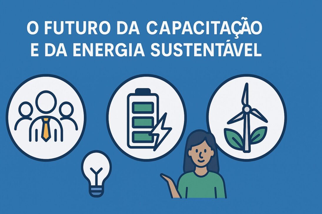 Infográfico ilustrado con el título "El futuro de la capacitación y de la energía sostenible", acompañado de íconos representando personas capacitadas, almacenamiento de energía y turbina eólica.
