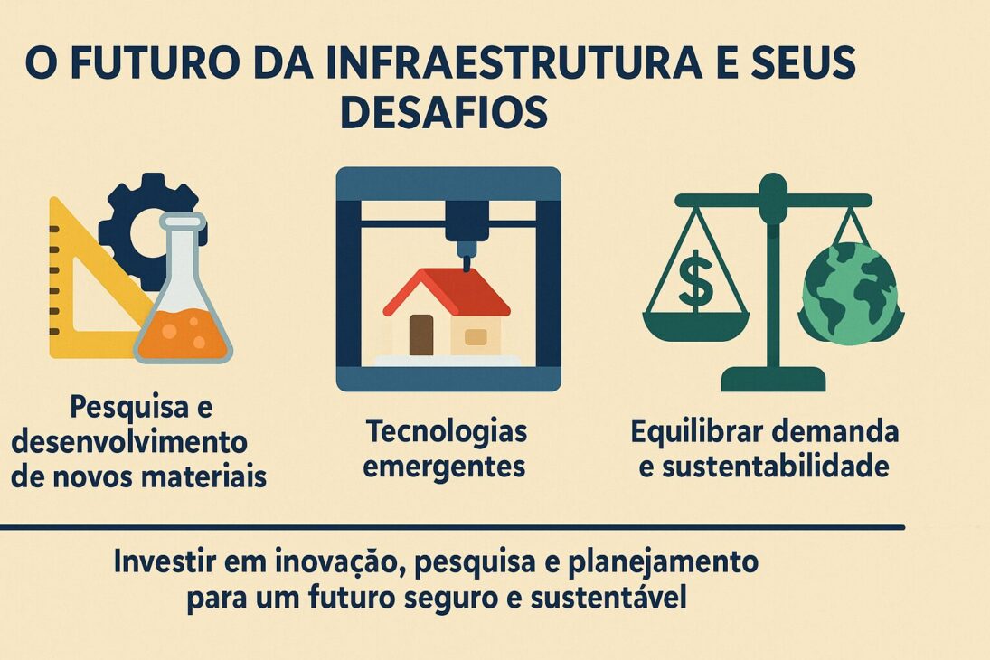 Ilustración sobre los desafíos futuros de la infraestructura, destacando investigación y desarrollo de nuevos materiales, tecnologías emergentes y el equilibrio entre demanda y sostenibilidad.