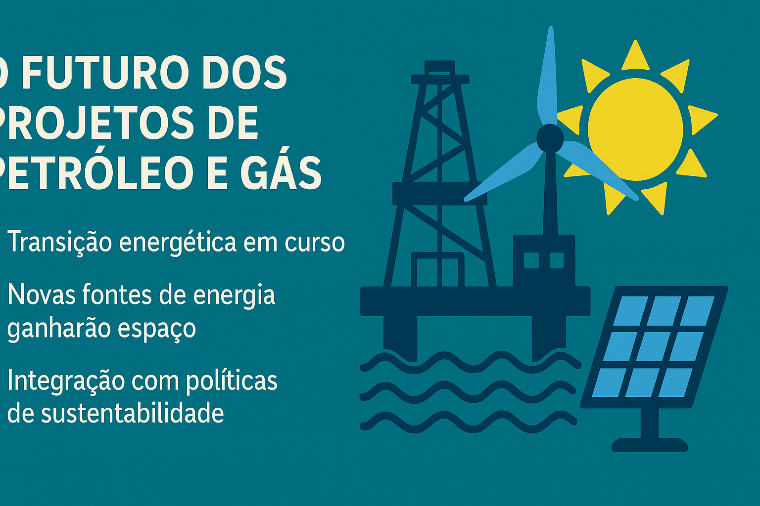 Infografía con el título "El Futuro de los Proyectos de Petróleo y Gas", mostrando tres tópicos a la izquierda sobre transición energética y energías renovables, con ilustraciones de una plataforma offshore, turbina eólica, panel solar y sol a la derecha.