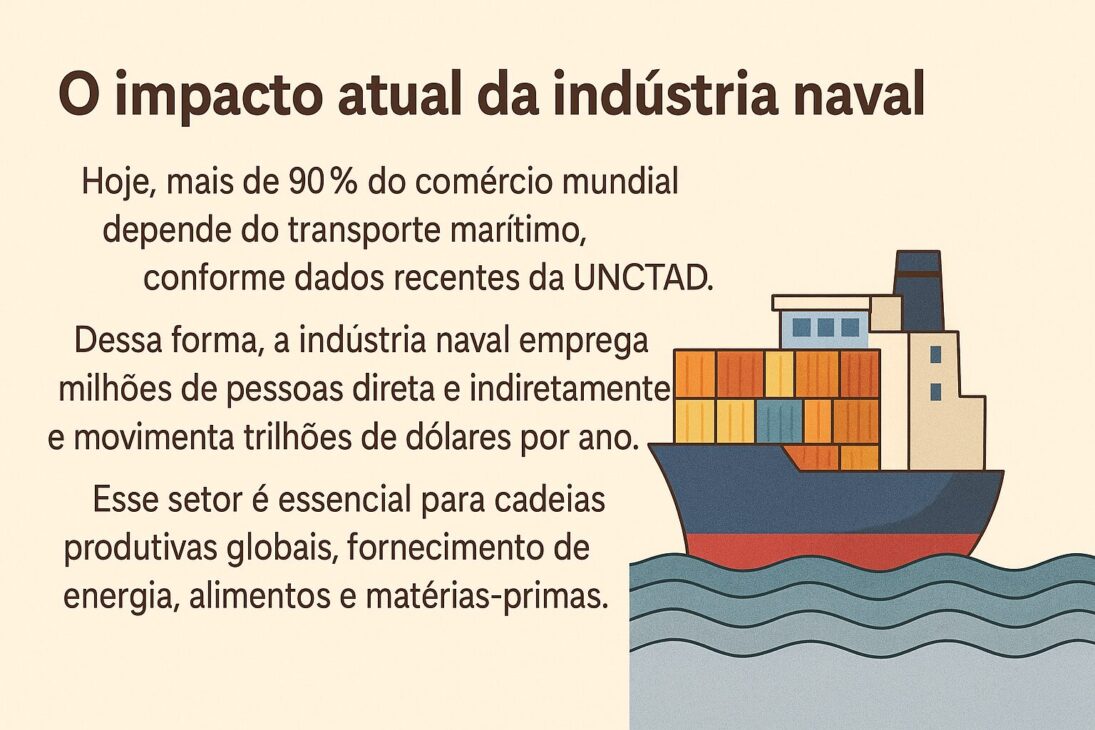Infografía en paisaje mostrando el impacto actual de la industria naval, con un barco carguero ilustrado y texto informativo sobre comercio global, empleos y economía.