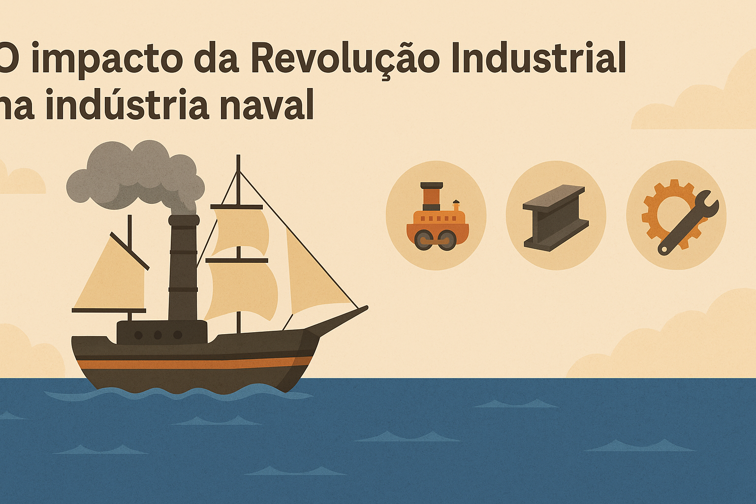 Infografía con barco de vapor navegando en el mar e íconos representando motor de vapor, estructura metálica y engranaje con llave inglesa, simbolizando innovaciones de la Revolución Industrial.