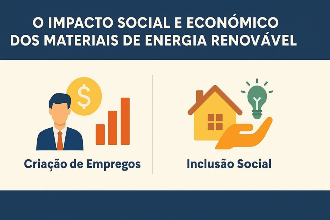 Infográfico sobre el impacto social y económico de los materiales de energía renovable, con íconos representando comunidades, empleos, economía verde y desarrollo sostenible.