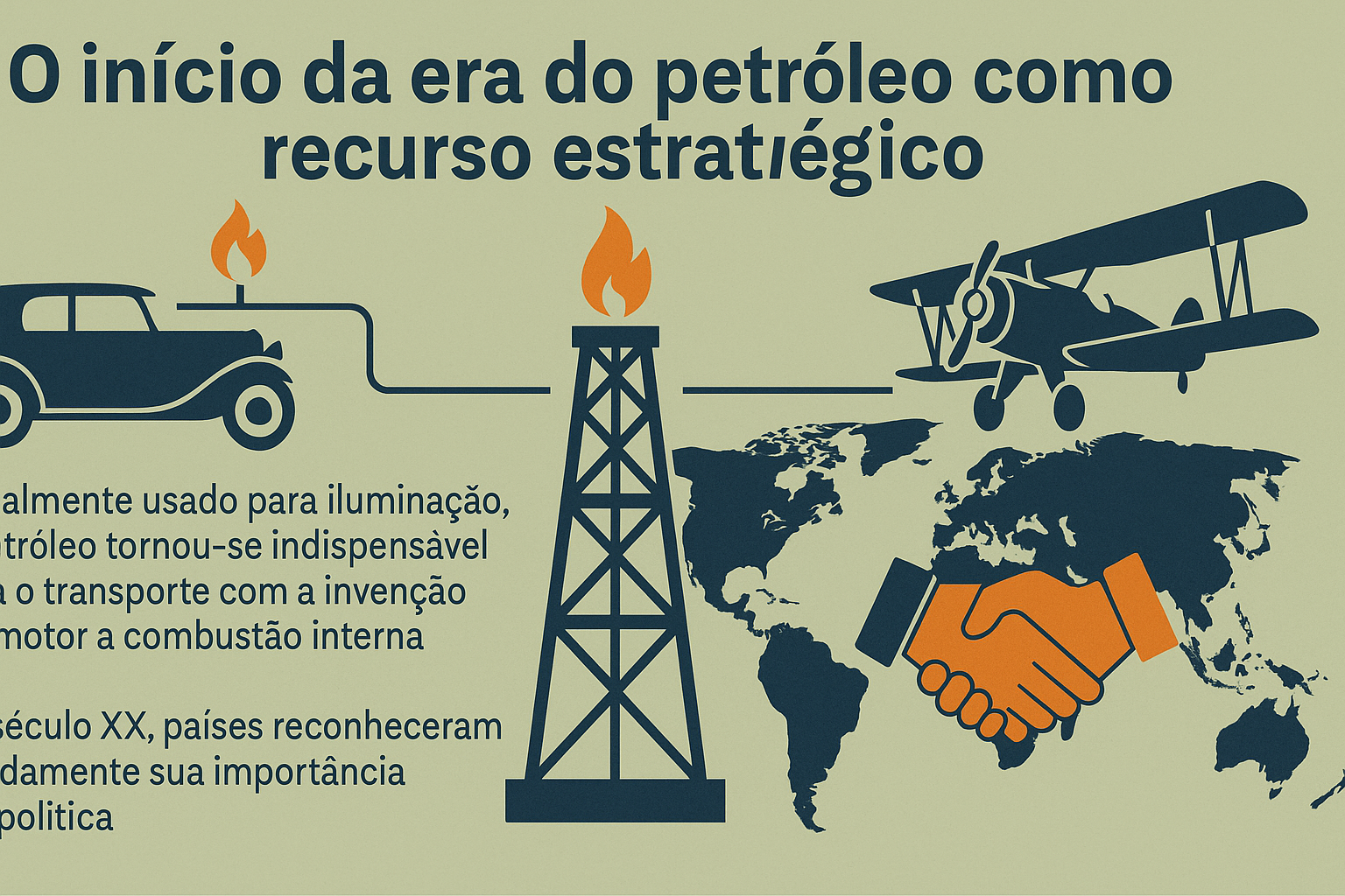 Infográfico ilustrando el inicio de la era del petróleo como recurso estratégico, con imágenes de un coche antiguo, una torre de extracción de petróleo, un avión biplano, un mapa-mundi y un apretón de manos.