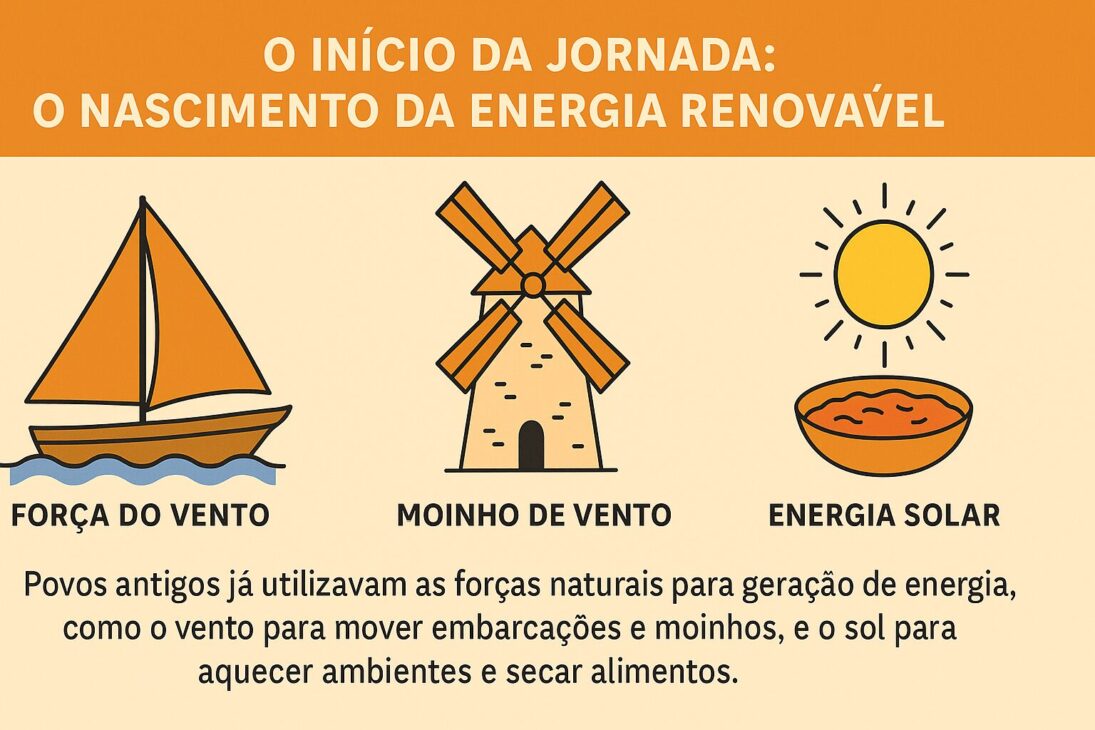 Infográfico ilustrado mostrando el nacimiento de la energía renovable, con representaciones de un barco a vela, molino de viento y sol, simbolizando el uso histórico de las fuerzas naturales para generar energía.