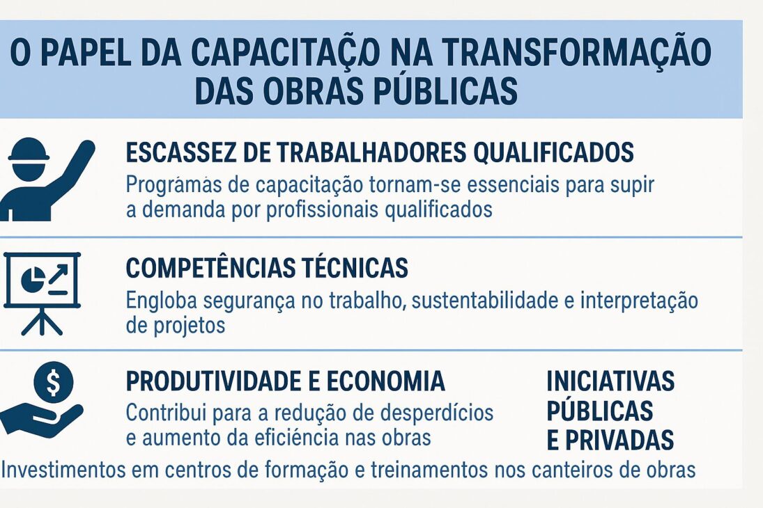 Infográfico en español sobre el papel de la capacitación en la transformación de las obras públicas, con cuatro tópicos e íconos ilustrativos.