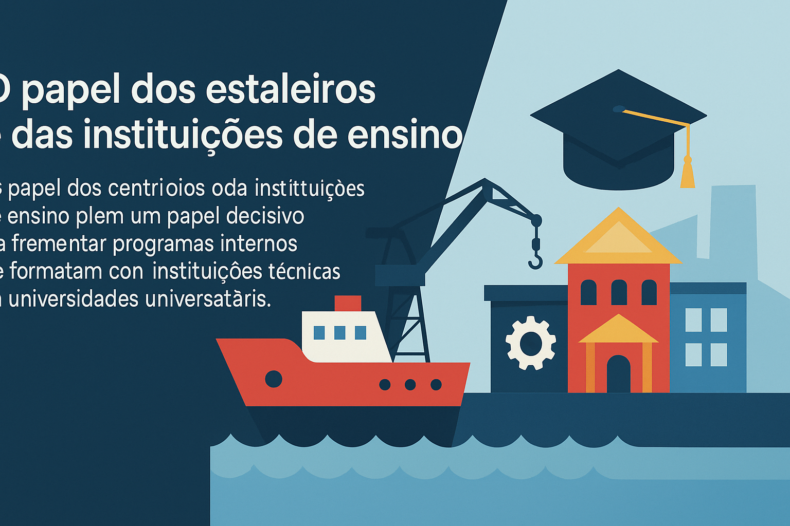 Infografía en estilo flat mostrando un barco, grúa de astillero y edificios representando instituciones de enseñanza, con el título “El papel de los astilleros y de las instituciones de enseñanza”.
