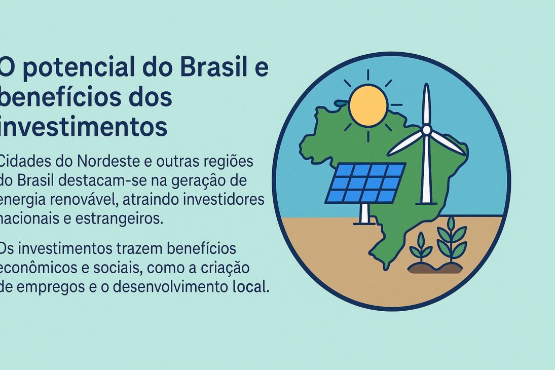 Infográfico en portugués con el título "El potencial de Brasil y los beneficios de las inversiones", presentando un mapa de Brasil con íconos de energía solar, eólica y agricultura, acompañado de texto explicativo sobre los beneficios económicos y sociales de la energía renovable.