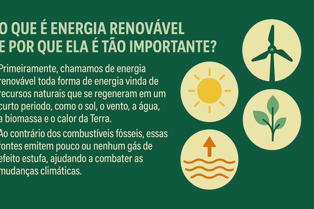 Infografía explicando qué es la energía renovable, con íconos representando sol, viento, agua, biomasa y energía geotérmica al lado de un texto sobre la importancia de estas fuentes para el medio ambiente.