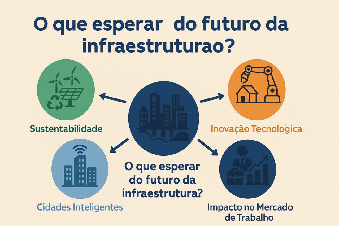 Infográfico digital en estilo flat sobre qué esperar del futuro de la infraestructura, con íconos de tecnología, sostenibilidad y urbanismo.