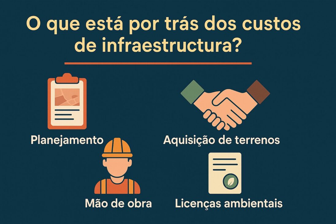 Infográfico explicando os fatores que compõem os custos de infraestrutura, incluindo planejamento, aquisição de terrenos, mão de obra e licenciamento ambiental.