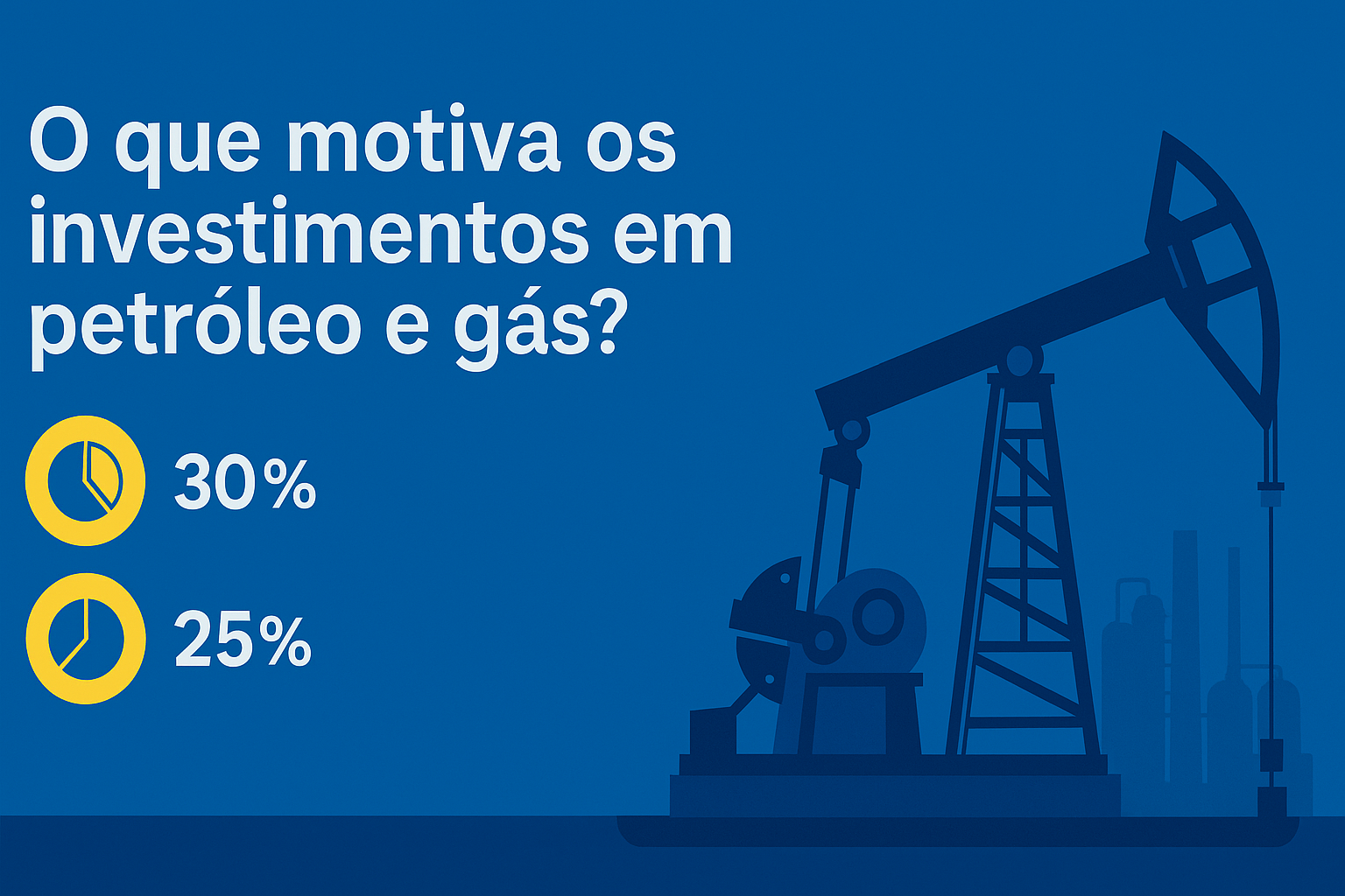 Infográfico con la pregunta "¿Qué motiva las inversiones en petróleo y gas?", mostrando dos íconos de gráficos circulares con los valores de 30% y 25%, al lado de una ilustración de bomba de extracción de petróleo.
