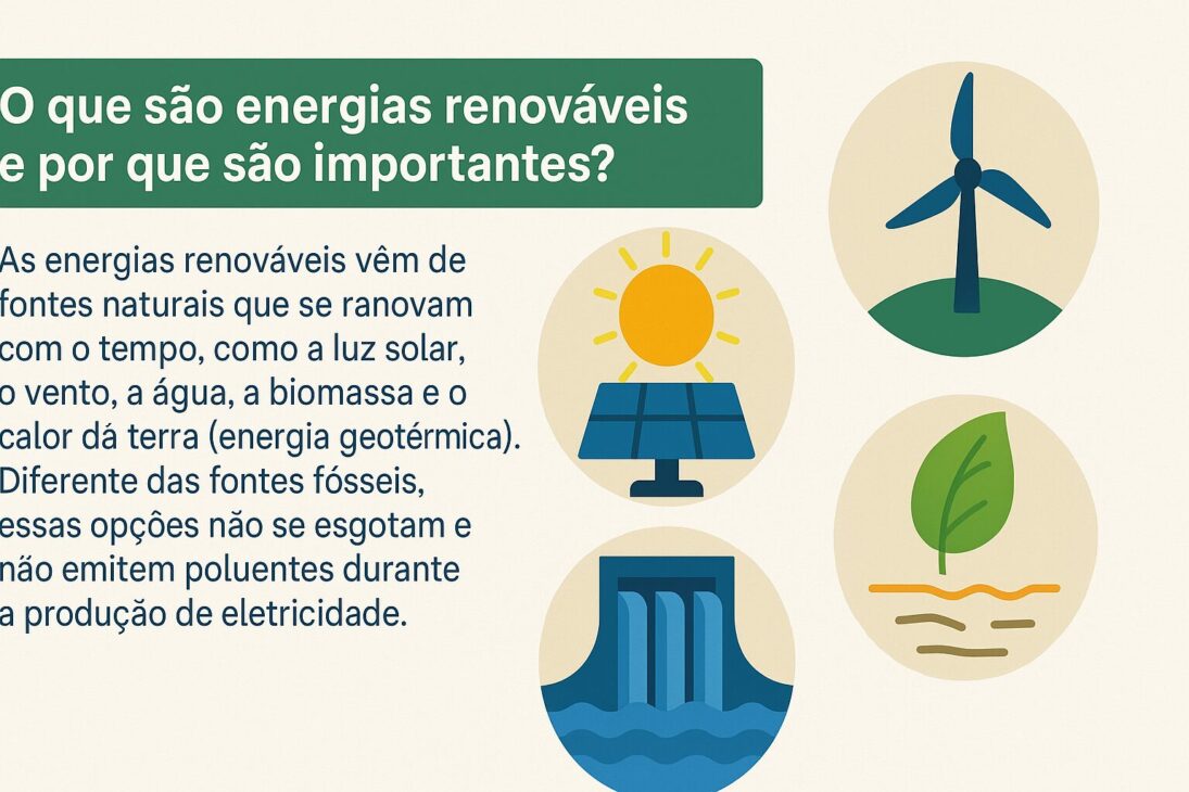 Infográfico ilustrando el concepto de energías renovables, con íconos representando energía solar, eólica, hidroeléctrica y biomasa al lado de un texto explicativo.