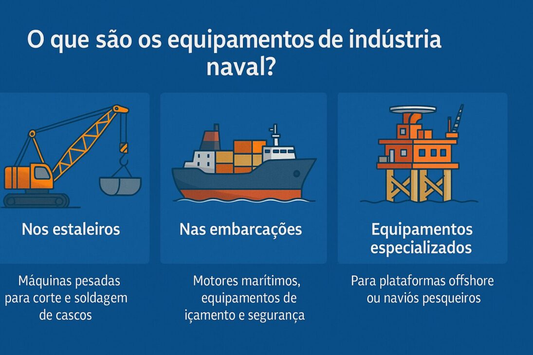 Infográfico con tres secciones ilustrando equipos navales: grúa en astillero, barco con contenedores y plataforma offshore, con breves descripciones sobre sus funciones.