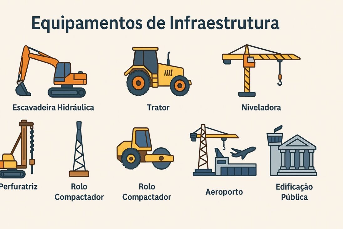Infográfico ilustrando equipos de infraestructura, como excavadora, tractor, niveladora, rodillo compactador, perforadora, aeropuerto y edificación pública.