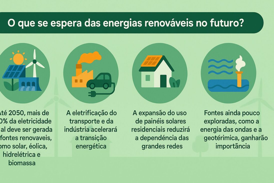 Infográfico en español que muestra cuatro previsiones para el futuro de las energías renovables: aumento del uso de solar, eólica, hidroeléctrica y biomasa hasta 2050; electrificación de transportes e industrias; mayor uso de paneles solares residenciales; y crecimiento de la energía de las olas y geotérmica.