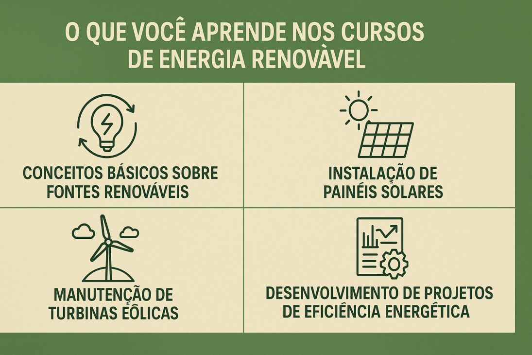 Infográfico con cuatro áreas de aprendizaje en los cursos de energía renovable: conceptos básicos sobre fuentes renovables, instalación de paneles solares, mantenimiento de turbinas eólicas y desarrollo de proyectos de eficiencia energética.