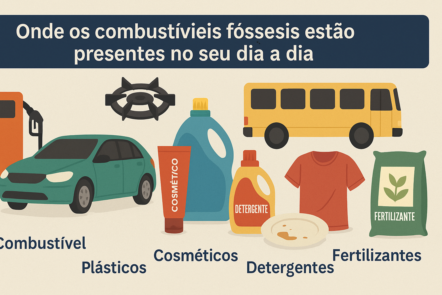 Infografía mostrando dónde los combustibles fósiles están presentes en el día a día, con ilustraciones de coche, bomba de combustible, cocina, autobús, cosméticos, detergentes, camiseta, fertilizantes y plásticos.