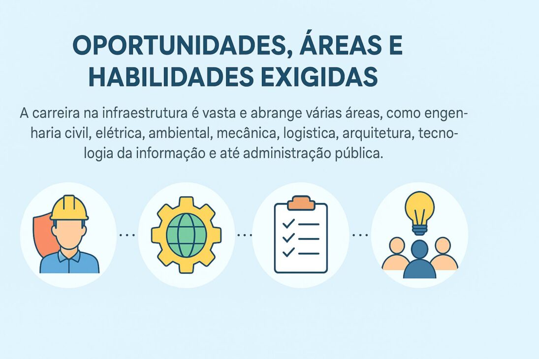 Infografía en español titulada "Oportunidades, Áreas y Habilidades Exigidas", con íconos ilustrando diferentes áreas de la infraestructura como ingeniería, logística, tecnología y habilidades interpersonales.