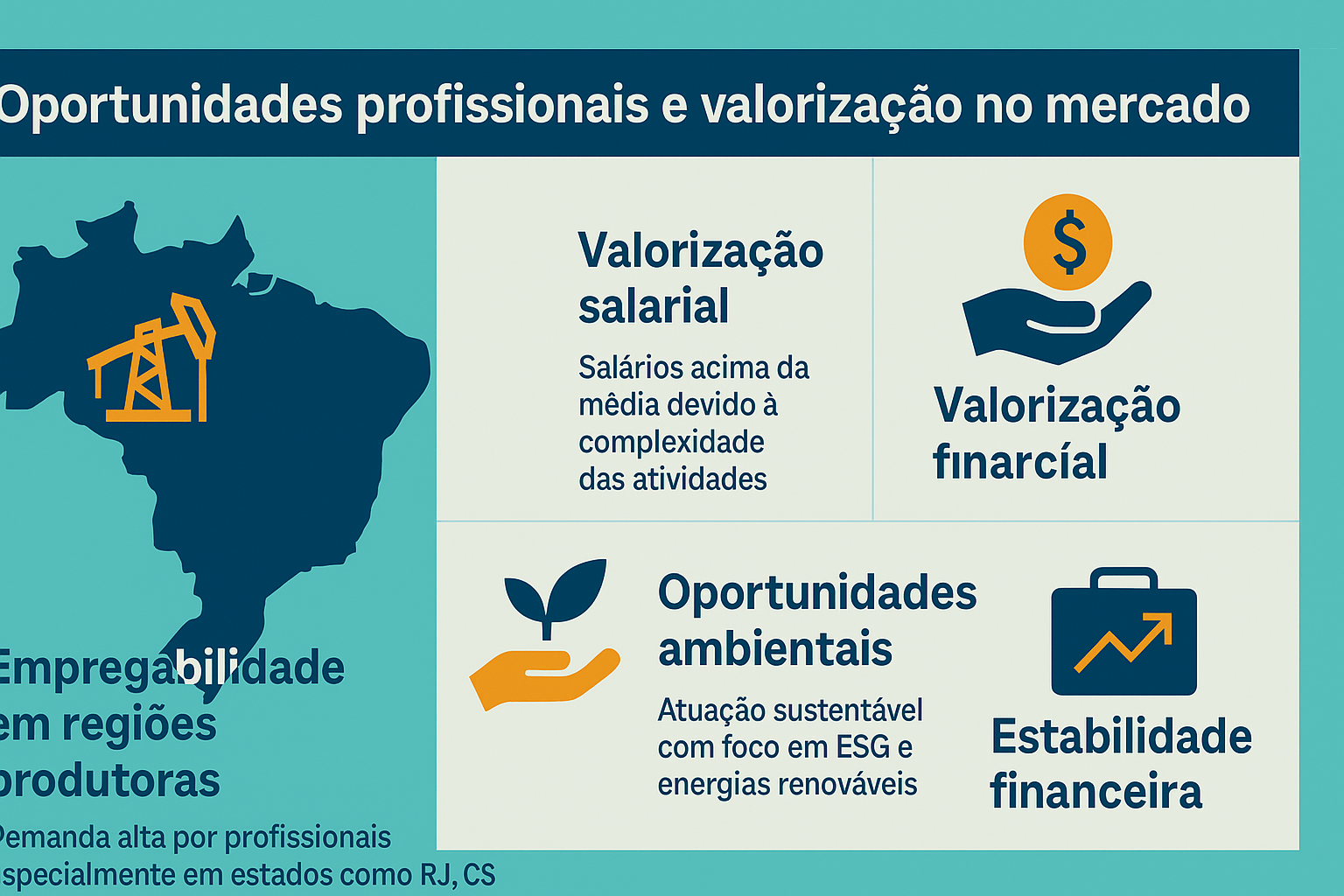 Infográfico em português destacando os principais benefícios profissionais do setor de petróleo e gás, incluindo empregabilidade, valorização salarial, oportunidades ambientais e estabilidade financeira.