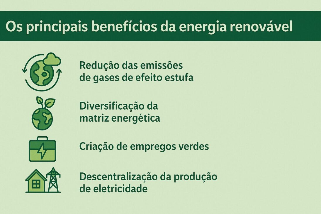 Infográfico destacando los principales beneficios de la energía renovable con íconos representando reducción de emisiones, diversificación energética, generación de empleos y descentralización de la producción.