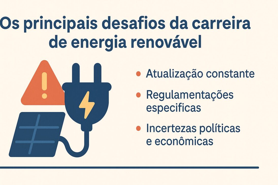 Infografía que lista los principales desafíos de la carrera en energía renovable, con íconos representando alerta, enchufe eléctrico y panel solar al lado de los tópicos: actualización constante, regulaciones específicas e incertidumbres políticas y económicas.